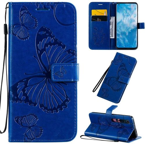 tui Pour Xiaomi Mi Note 10/Note 10 Pro 6 47 Pouces Pu Cuir Couverture Magntique Housse Conception En Relief De Papillon Stent Fonction Flip Cuir Bleu