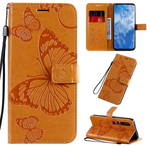 tui Pour Xiaomi Mi Note 10/Note 10 Pro 6 47 Pouces Pu Cuir Couverture Magntique Housse Conception En Relief De Papillon Stent Fonction Flip Cuir Jaune