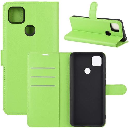 tui Pour Xiaomi Redmi 9c 6 53 Pouces Pu Cuir Housse Flip Coque Litchi Motif Avec Built Stand Et Magntique Fermeture Carte Slot Portefeuille Shell De Protection Vert