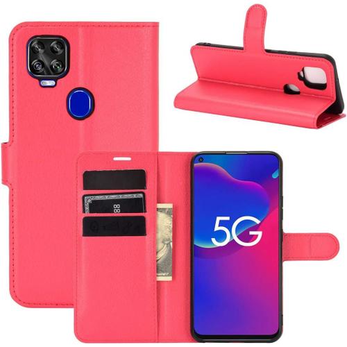 tui Pour Zte Axon 11 Se 5g 6 53 Pouces Pu Cuir Housse Flip Coque Litchi Motif Avec Built Stand Et Magntique Fermeture Carte Slot Portefeuille Shell De Protection Rouge