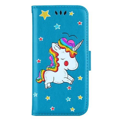 Etui Rabat Latral Iphone Xr Licorne Et Paillettes Coloris Bleu