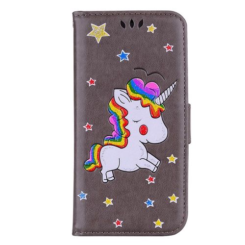 Etui Rabat Latral Iphone Xr Licorne Et Paillettes Coloris Gris