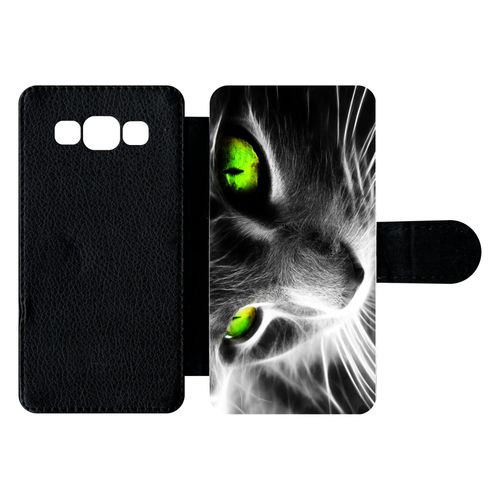 Etui  Rabat Galaxy A5 (2015) - Chat Noir Et Blanc Yeux Vert - Simili-Cuir - Noir