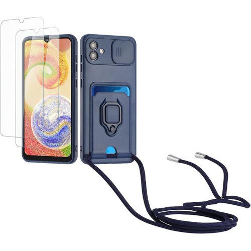 tui Silicone Avec Cordon Rglable Pour Samsung Galaxy A04/A04e - Coque Anti-Rayures Avec Couvercle Coulissant Camra, Support 360, Porte-Cartes Et Verre Tremp 9h - Bleu Marin