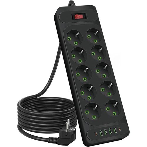 Eu Multiprise 10 Prises 2500w Avec 2 Port Usb C,4 Port Usb A Et Avec Interrupteur Cordon 5.9ft Cble D'extension Multi Prise Pour Smartphone Tablette Multiprise Bureau Avec Interrupteur- Noir