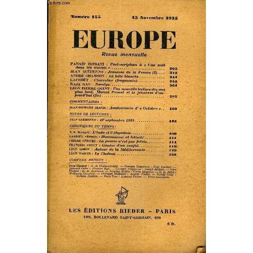 Europe Revue Mensuelle N 155 - Panait Istrati : Post-Scriptum   Une Nuitdans Les Marais ..Jean Guhenno : Jeunesse De La France (I).Andr Chamson : La Bte Blanche.Lafort : Charretier ...