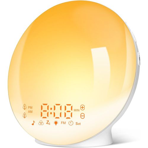 Eveil Lumire Led Radio Rveil Matin Lumineux Lampe De Chevet 20 Niveaux De Luminosit Simulateur D'aube Et Crpuscule 2 Rveils 7 Sons Naturels Fonction Snooze Veilleuse Enfant 11 Couleurs (Jaune)