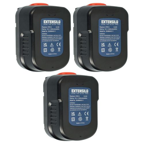 Extensilo 3x Batteries Remplacement Pour Black & Decker A12, A12-Xj, A12ex, A1712, Bd1204l, Bpt1047, Fs120b Pour Outil lectrique (3300 Mah, Nimh, 12 V)