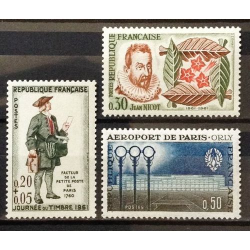 Facteur Petite Poste 0,20+0,05 (N 1285) + Aroport Paris-Orly 0,50 (N 1283) + Jean Nicot - 4me Centenaire Intro Tabac 0,30 (N 1286) Neufs** Luxe - France Anne 1961 - N18321