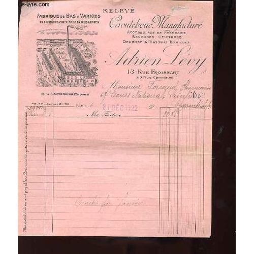 Facture Ancienne Illustree De La Fabrique De Bas A Varices Et Ceintures En Tous Genre Caoutchouc Manufacture Adrien Levy 13 Rue Froissart Et 6 Rue Commines A Paris