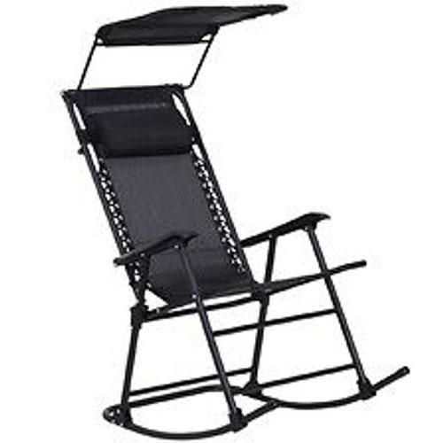 Fauteuil  Bascule Rocking Chair Pliable De Jardin Dim. 105l X 64l X 125h Cm Ttire + Pare-Soleil Inclus Acier poxy Textilne Noir