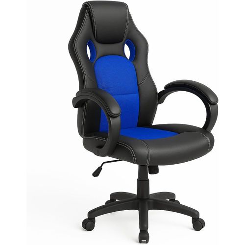Fauteuil De Bureau Pivotant  4 Roues Pivotant  360 Modle Racer Gaming Design Extra Luxueux En Similicuir Noir Et Tissu Bleu