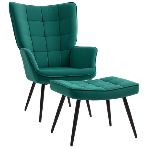 Fauteuil Design No-Rtro Haut Dossier Effet Capitonn  Oreilles - Repose-Pied Inclus - Pitement Effil Acier Noir Tissu Aspect Velours Vert Emeraude