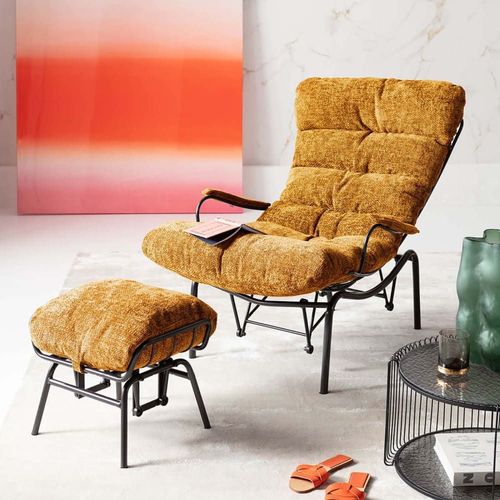 Fauteuil Et Repose-Pieds En Polyester Jaune Et Acier Noir