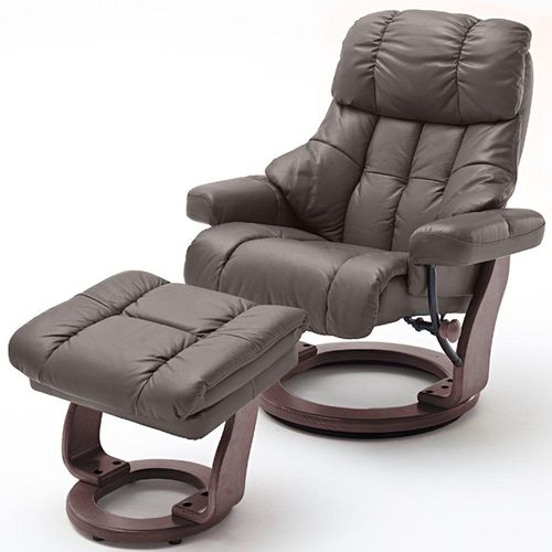 Fauteuil Relax Clairac Xl Assise En Cuir Marron Pied En Bois Couleur Noyer Avec Repose Pied