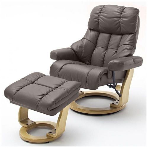 Fauteuil Relax Clairac Xl Assise En Cuir Marron Pied En Bois Naturel Avec Repose Pied