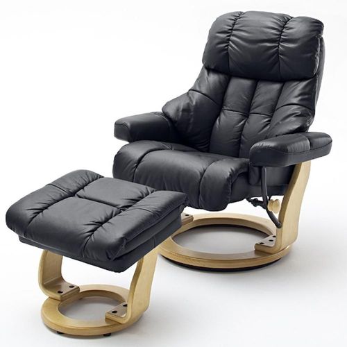 Fauteuil Relax Clairac Xl Assise En Cuir Noir Pied En Bois Naturel Avec Repose Pied