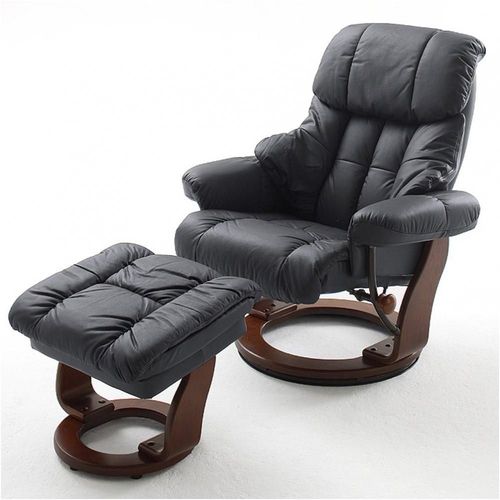 Fauteuil Relax Clairac Assise En Cuir Noir Pied En Bois Noyer Avec Repose Pied