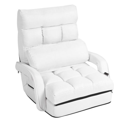 Fauteuil Relax Convertible 5 Positions Lit 1 Place En Tissu Blanc Relaxant Oreiller Chaise Longue Relaxation Canap