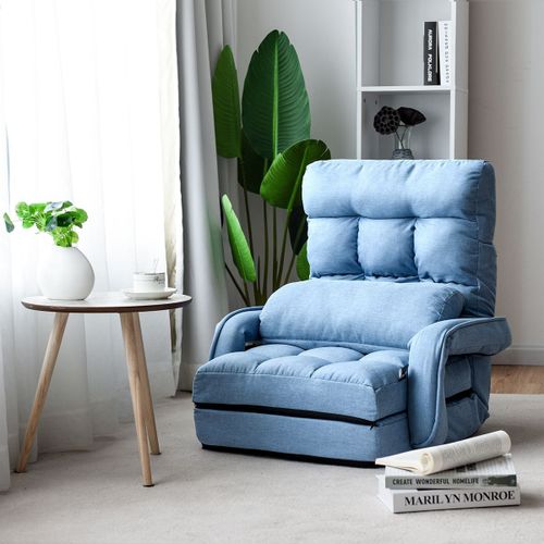 Fauteuil Relax Convertible 5 Positions Lit 1 Place En Tissu Bleu Relaxant Oreiller Chaise Longue Relaxation Canap