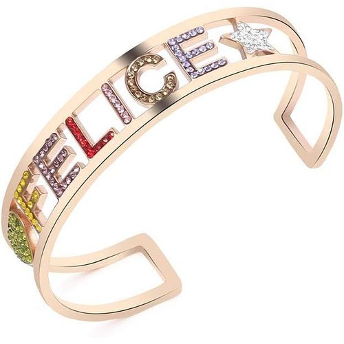 Felice (Happy) Bracelet Jonc Pour Femme, Breloque En Forme De C, En Acier Inoxydable Plaqu Or Rose Et Argent Avec Cristal Color, Cadeau Pour Vos Amis