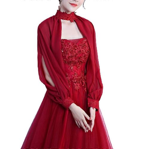 Femmes Ct Split Manches Longues Mariage Chle Cape Licou En Mousseline De Soie Haussement Dpaule Capeet Ouvert Devant Dentelle Nuptiale Pour Veste Bole