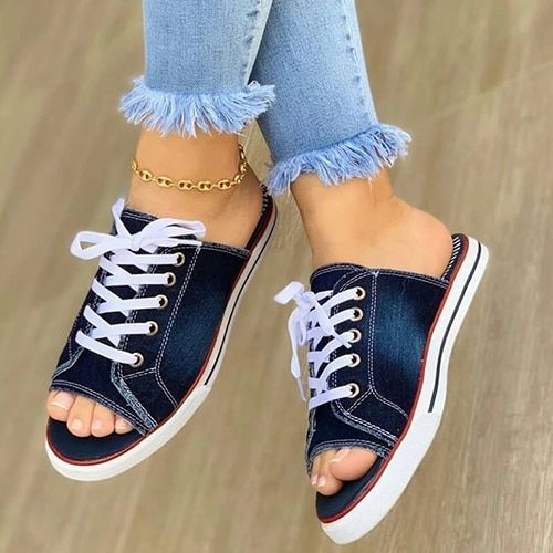 Femmes Toile Pantoufle Plat 2021 Femme Lacets Dames Peep Toe Nouvelles Femmes Casual Femme Mode Denim Chaussures De Plage Grande - 41