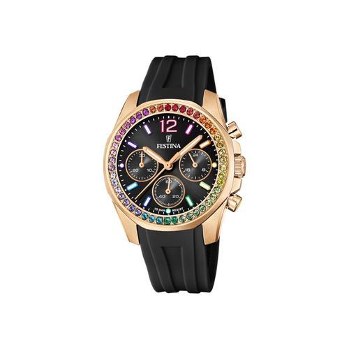 Festina Boyfriend Montre Chronographe Femme Acier Dor Rose Silicone Noir F20611/3