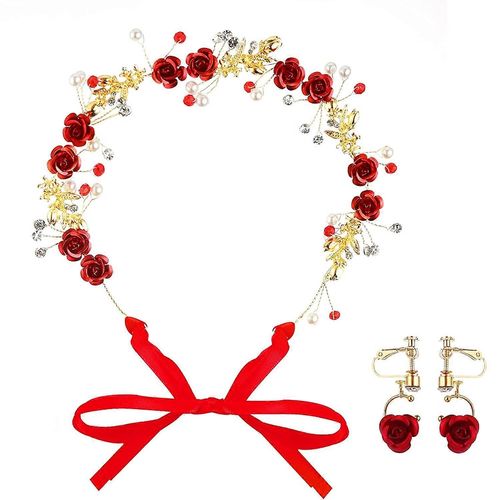 Fleur Coiffe Couronnes Bandeau Boucles DOreilles Bijoux Set Mariage Mariage Tiares Rouge Cristal Blanc Strass Perle Couvre-Chef Long Vines Rose Fille Femmes Chri