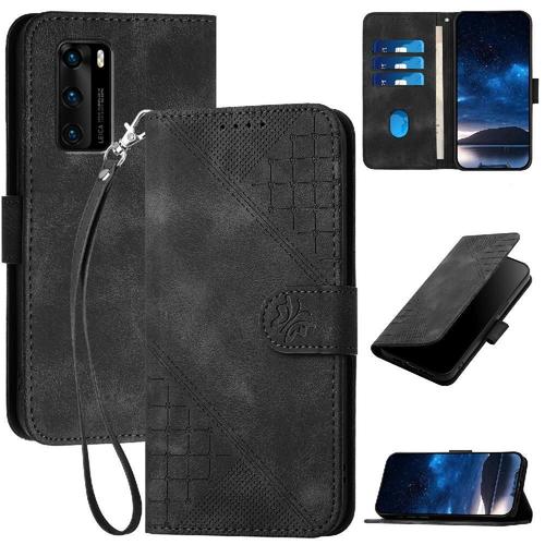 Flip tui Pour Huawei P40 Papillon En Relief Et Fente Pour Carte De Crdit Avec Sangle Dtachable Cas De Tlphone En Cuir De Haute Qualit - Noir