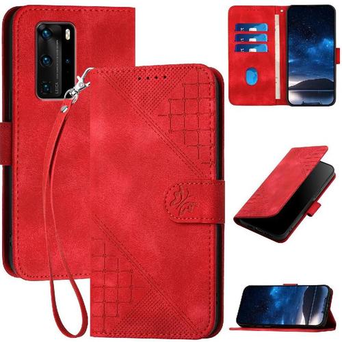 Flip tui Pour Huawei P40 Pro Cas De Tlphone En Cuir De Haute Qualit Avec Sangle Dtachable Papillon En Relief Et Fente Pour Carte De Crdit - Rouge