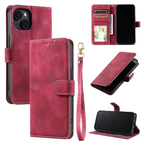 Flip tui Pour Iphone 13 Magntique Sangle De Poignet Fentes Pour Cartes Portefeuille Bicelle Cuir Pu - Rouge