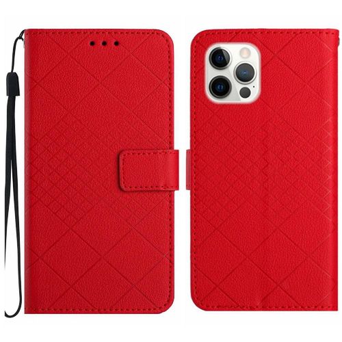 Flip tui Pour Iphone 15 Pro Max Portefeuille En Cuir Pu Support De Fente Pour Carte Avec Sangle De Main Couverture Magntique Diamant En Relief - Rouge