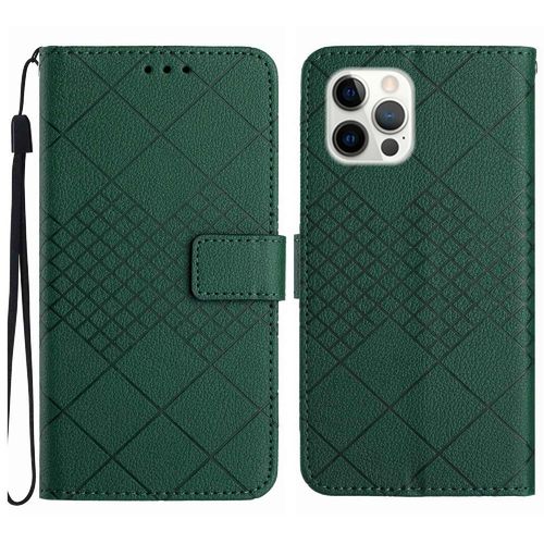 Flip tui Pour Iphone 15 Pro Max Portefeuille En Cuir Pu Support De Fente Pour Carte Avec Sangle De Main Couverture Magntique Diamant En Relief - Vert
