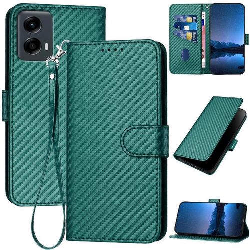 Flip tui Pour Motorola Moto 5g 2024 Avec Fente Pour Carte Et Bquille Cuir Premium Surface De Fibre De Carbone Avec Sangle Dtachable - Vert Fonc