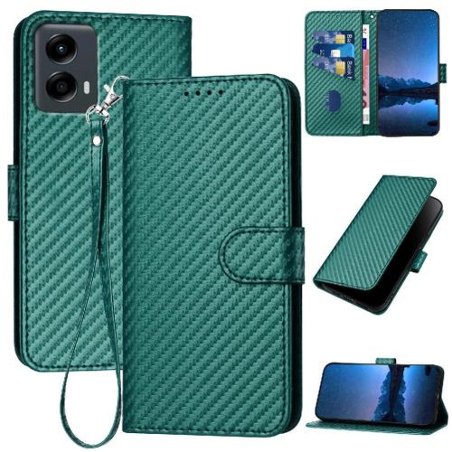 Flip tui Pour Motorola Moto 5g 2024 Cuir Premium Avec Sangle Dtachable Avec Fente Pour Carte Et Bquille Surface De Fibre De Carbone - Vert Fonc
