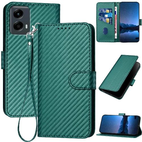 Flip tui Pour Motorola Moto 5g 2024 Cuir Premium Avec Sangle Dtachable Avec Fente Pour Carte Et Bquille Surface De Fibre De Carbone - Vert Fonc