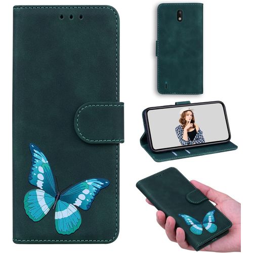 Folio Etui Coque Pour Nokia 1.3 tui Flip Stand Wallet Cover Color Printed Butterfly Pattern Skin Friendly Pu Cuir Tpu Coque Intrieure Fente Pour Carte Case Pour Nokia 1.3 Vert Fonc