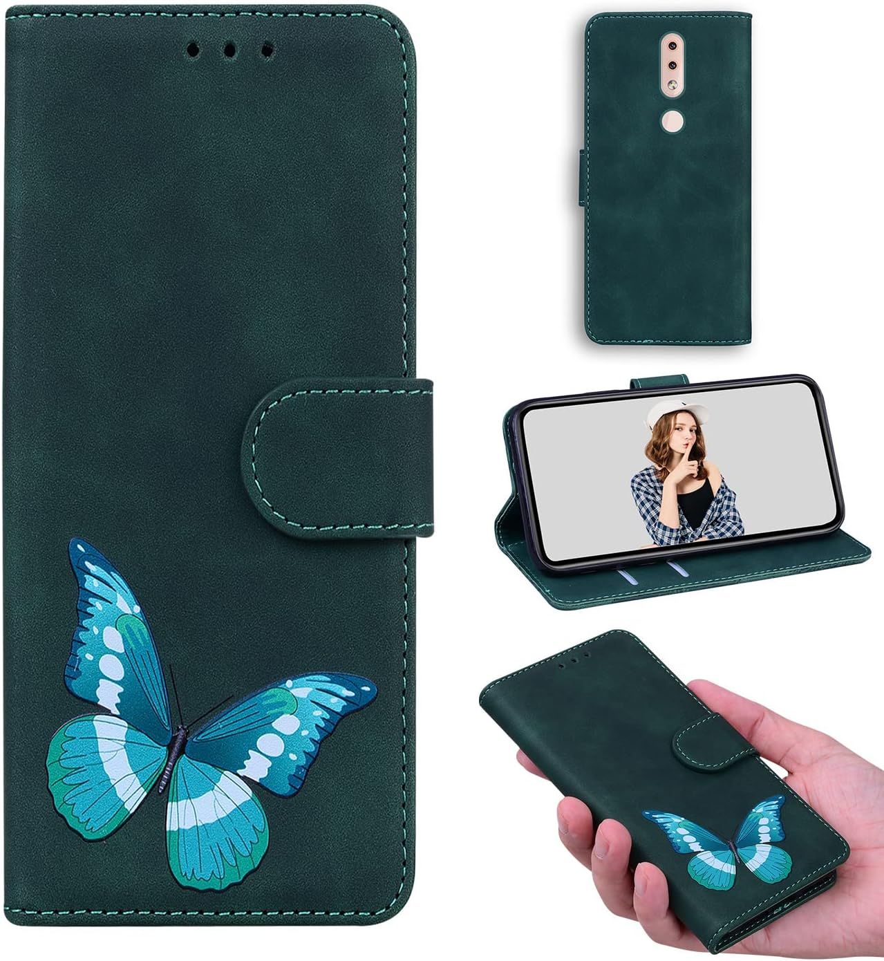 Folio Etui Coque Pour Nokia 4.2 tui Flip Stand Wallet Cover Color Printed Butterfly Pattern Skin Friendly Pu Cuir Tpu Coque Intrieure Fente Pour Carte Case Pour Nokia 4.2 Vert Fonc