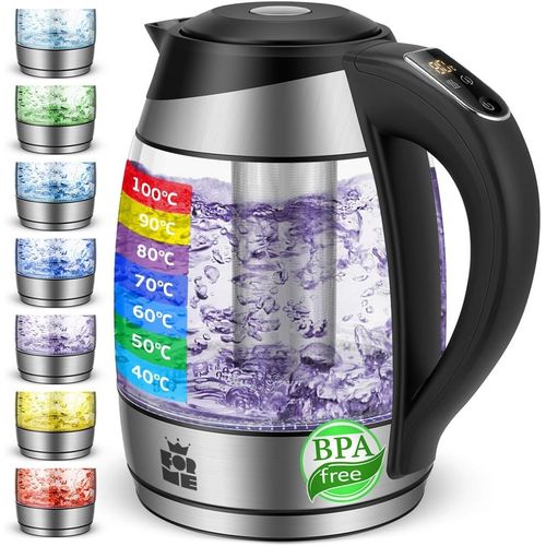 Forme Bouilloire lectrique En Verre 1,8 Thermostat Rglable Slection De La Temprature 40-100C I Filtre  Th Amovible I Sept Couleurs D'clairage Led Contrle De Temprature Thire I Sans Bpa