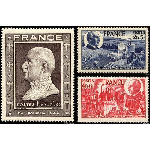 France 1944, 88me Anniversaire Philippe Ptain, Trs Beaux Timbres Neufs** Luxe Yvert 606 Buste, 607 Corporation Paysanne Et 608 Charte Du Travail,