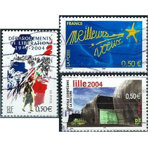 France 2004, Beaux Timbres Yvert 3638 Lille Capitale Europenne De La Culture, 3675 60 Ans Du Dbarquement Et 3728 Meilleurs Voeux, Oblitrs, Tbe.