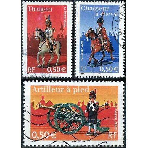 France 2004, Srie Napolon 1er Et La Garde Impriale, Beaux Timbres Yvert 3679 Chasseur  Cheval, 3680 Artilleur  Pieds Et 3680 Dragon, Oblitrs, Tbe.