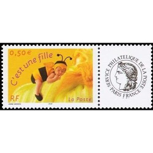 France 2004, Trs Beau Timbre Neuf** Luxe Yvert 3634a, Timbre De Naissance, "C'Est Une Fille", Avec Vignette Crs Du Service Philatlique De La Poste, Cote 5 Euros.