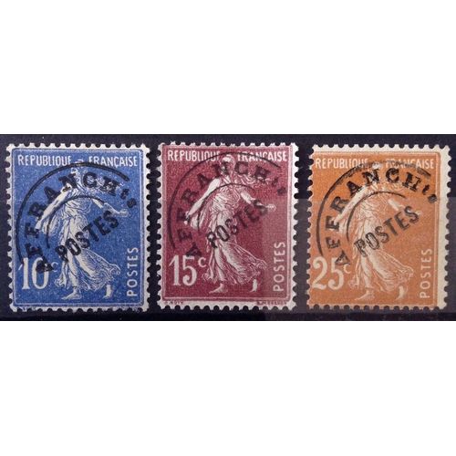 France - Problitr Semeuse 10c Outremer (N 52) + Problitr Semeuse 15c Lilas-Brun (N 53) + Problitr Semeuse 25c Jaune-Brun (N 57) Obl - Anne 1922 - N15000