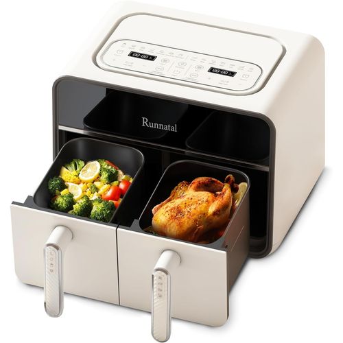 Friteuse  Air Double Zone 8 L Avec Hublot, Sans Huile, 2 Tiroirs, Programmes De Cuisson 14 En 1 Avec Marmites Pour Lgumes Et Viandes, cran Tactile, Faible En Gras Compatible Lave-Vaisselle