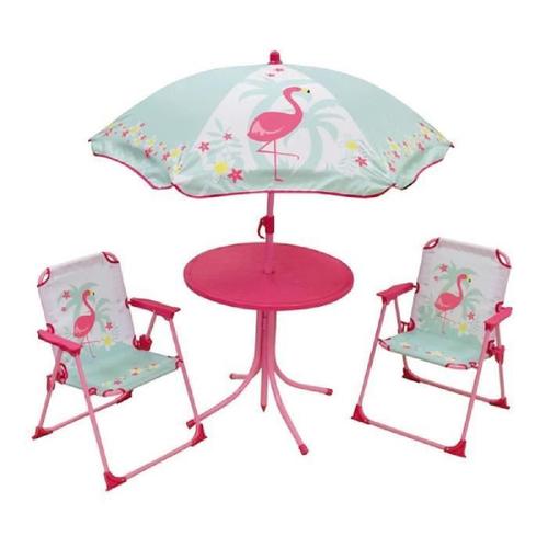 Fun House 713088 Flamant Rose Salon De Jardin Avec Une Table. 2 Chaises Pliables Et Un Parasol Pour Enfant