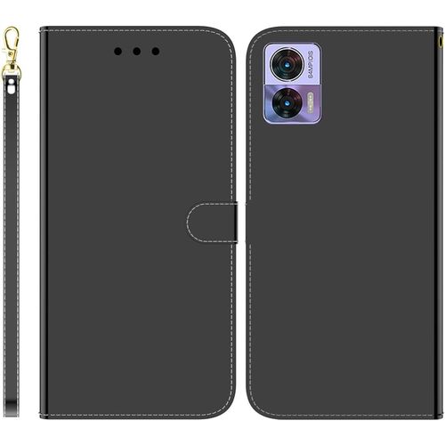 Funda Para Motorola Edge 30 Lite Pu Cuero Folio Cartera Carcasa Ranuras Para Tarjetas Soporte Plegable Cierre Magnetico Imitacin Espejo Flip Billetera Case Para Motorola Edge 30 Neo,Negro
