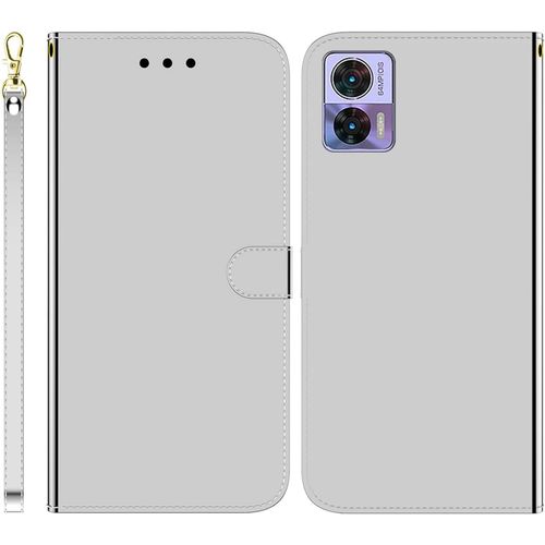 Funda Para Motorola Edge 30 Neo Imitacin Espejo Pu Cuero Case Cierre Magnetico Flip Billetera Carcasa Con Ranuras Para Tarjetas Y Soporte Plegable Cover Funda Para Motorola Edge 30 Lite,Plata