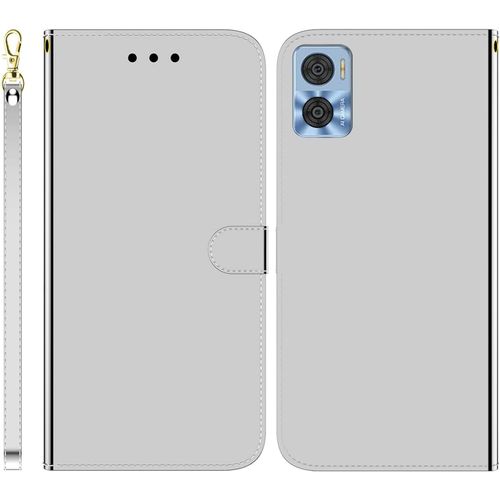 Funda Para Motorola Moto E22/E22i Imitacin Espejo Pu Cuero Case Cierre Magnetico Flip Billetera Carcasa Con Ranuras Para Tarjetas Y Soporte Plegable Cover Funda Para Motorolamoto E22/E22i,Plata